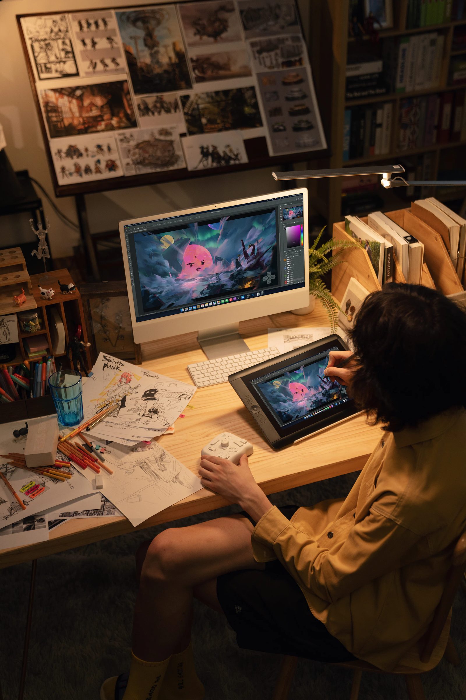 Artist creating digital art on a tablet and computer