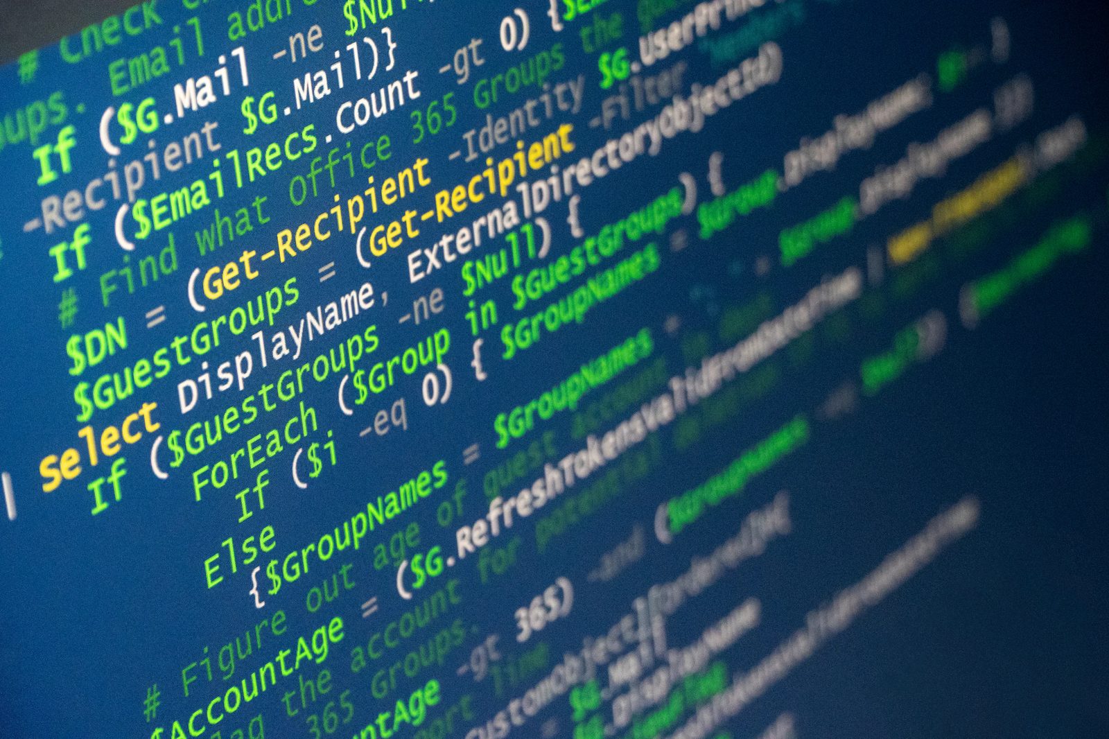 Close-up of colourful code on a computer screen
