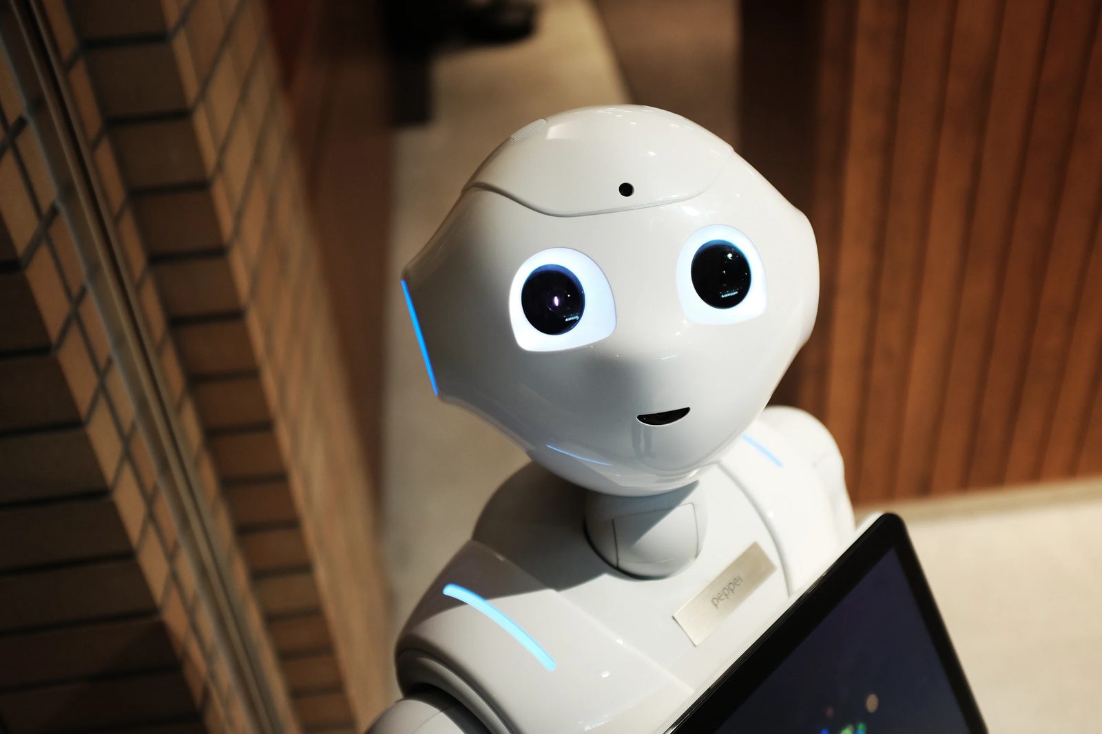 White humanoid robot near a wall